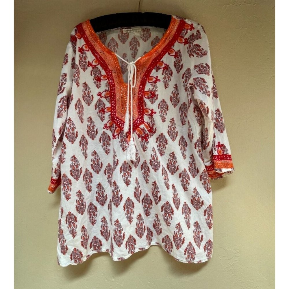 Solitaire Women's 3/4 Sleeves Boho Top Embroidered Neck Tassel Tie Geo Cotton
